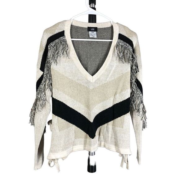 LINE THE LABEL 100% Wool Fringe Chevron Side Slit Tie V-Neck Knit Sweater‎ Sz S - Picture 1 of 10